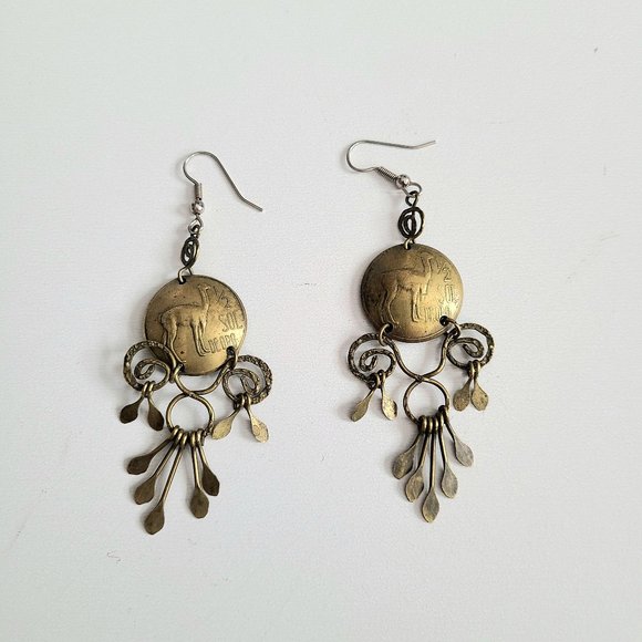 Hand made dangling brass earrings made of Peru coins. - Picture 3 of 7